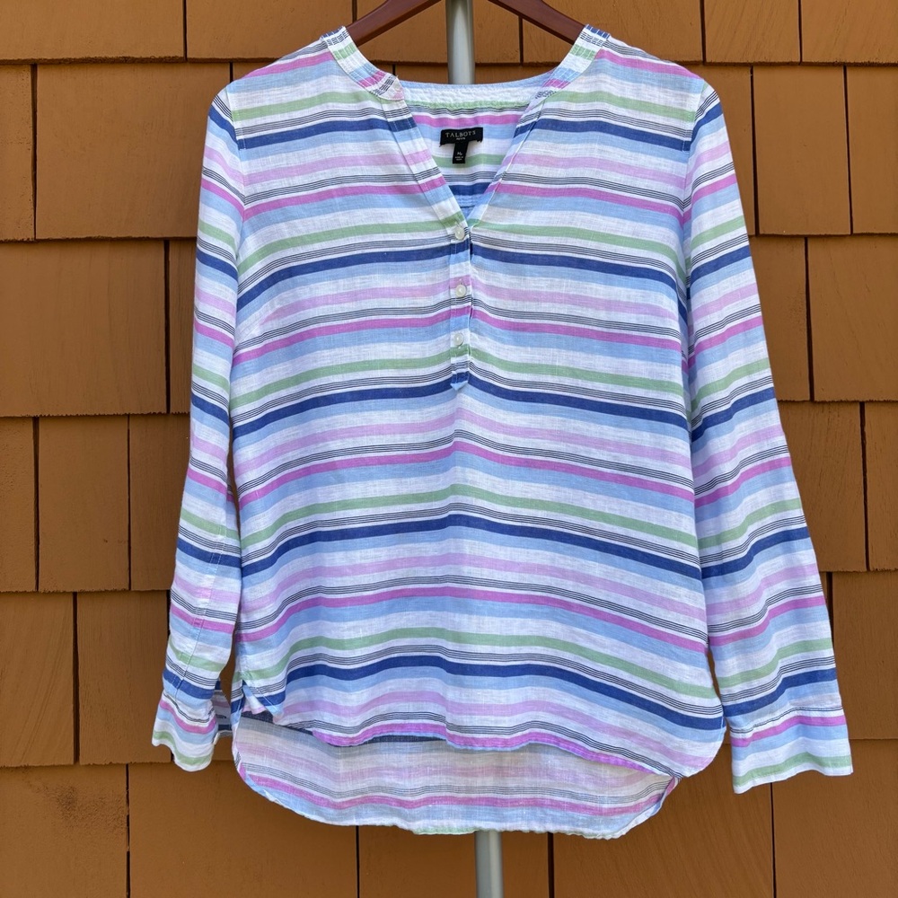 TALBOTS | White Pastel Striped Linen Coastal Cottagecore Popover Tunic | Size MP